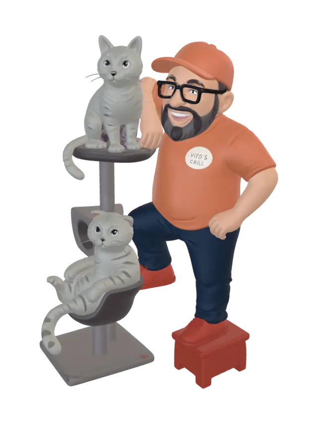 Grill Master and Two Cats - Cook 3D model, vytvořený pomocí AI