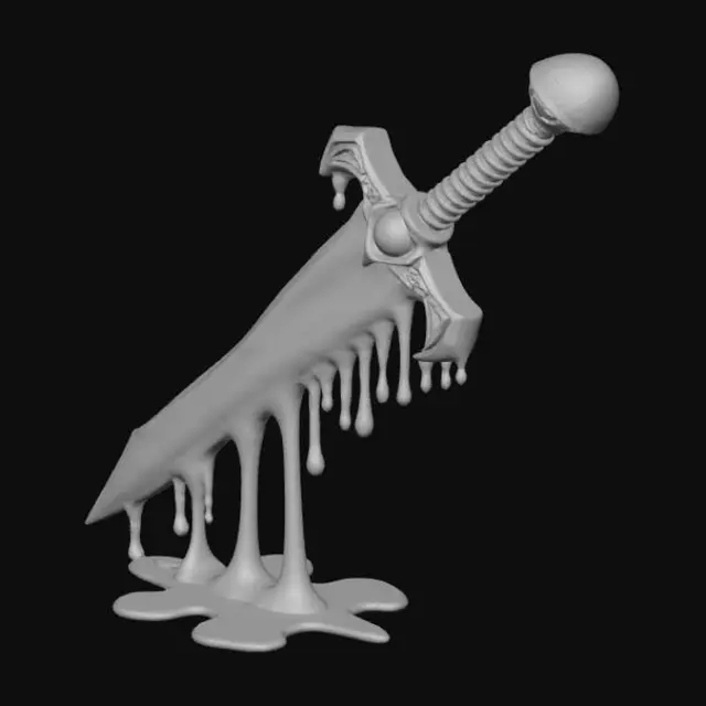 3D model for Une épée de jeu vidéo dont la lame et la garde sont entièrement recouvertes d'une couche épaisse de slime vert flashy. Ce matériau gélatineux et gluant s'écoule lentement le long des arêtes de la lame, formant des gouttes qui s'étirent et des filets brillants. La surface du slime est lisse mais visqueuse, avec une légère opacité qui laisse deviner la structure métallique sous-jacente. L'ensemble dégage une impression de matière molle et humide, constamment en mouvement subtil.