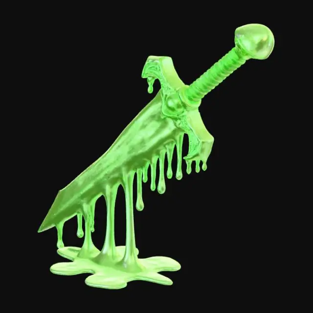 3D model for Une épée de jeu vidéo dont la lame et la garde sont entièrement recouvertes d'une couche épaisse de slime vert flashy. Ce matériau gélatineux et gluant s'écoule lentement le long des arêtes de la lame, formant des gouttes qui s'étirent et des filets brillants. La surface du slime est lisse mais visqueuse, avec une légère opacité qui laisse deviner la structure métallique sous-jacente. L'ensemble dégage une impression de matière molle et humide, constamment en mouvement subtil.