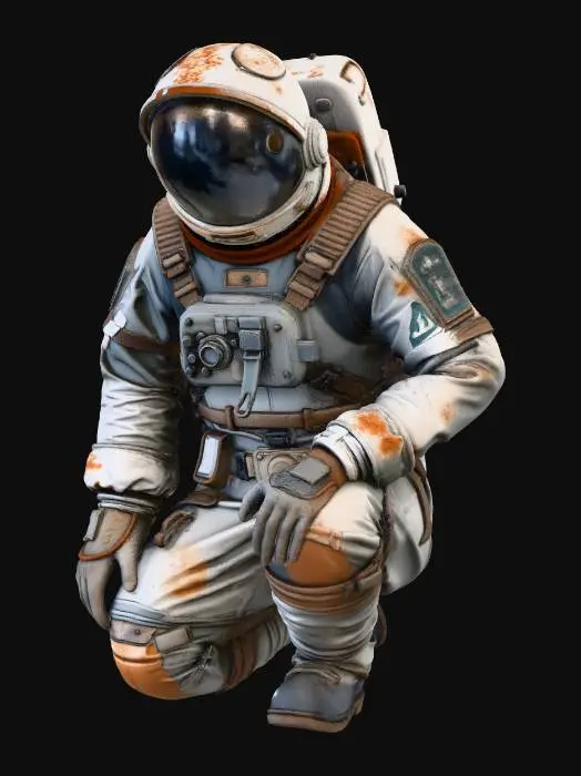 3D model for A dying colony astronaut. with one knee on the ground pose. His spacesuit is a mix of old fabric and sandblasted aluminum, with large clumps of dirt and scorch marks on the surface. his right hand on is chest. The helmet visor is covered with opaque cracks and mud. Requirement: Photorealistic, focus on the texture of fabric folds, the aging of the metal, and meticulous detail on damage and dirt accumulation in 4k resolution.