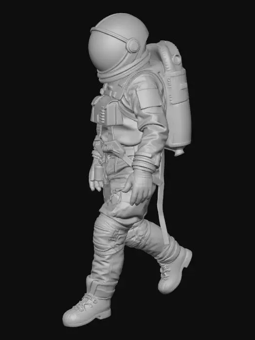 3D model for An heavy exausted colony astronaut. in a walking pose His spacesuit is a mix of old fabric and sandblasted aluminum, with large clumps of dirt and scorch marks on the surface. The helmet visor is covered with opaque cracks and mud. Requirement: Photorealistic, focus on the texture of fabric folds, the aging of the metal, and meticulous detail on damage and dirt accumulation in 4k resolution.