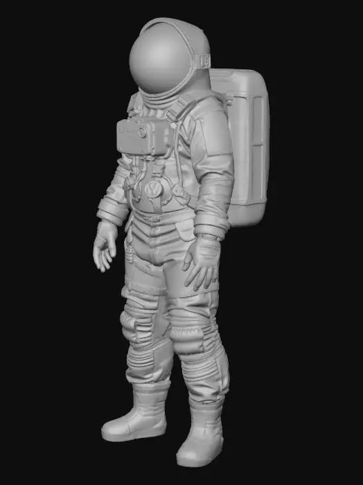 3D model for An heavy walking exausted colony astronaut. His spacesuit is a mix of old fabric and sandblasted aluminum, with large clumps of dirt and scorch marks on the surface. The helmet visor is covered with opaque cracks and mud. Requirement: Photorealistic, focus on the texture of fabric folds, the aging of the metal, and meticulous detail on damage and dirt accumulation in 4k resolution.