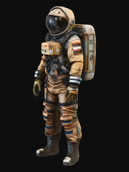 3D model for An heavy walking exausted colony astronaut. His spacesuit is a mix of old fabric and sandblasted aluminum, with large clumps of dirt and scorch marks on the surface. The helmet visor is covered with opaque cracks and mud. Requirement: Photorealistic, focus on the texture of fabric folds, the aging of the metal, and meticulous detail on damage and dirt accumulation in 4k resolution.