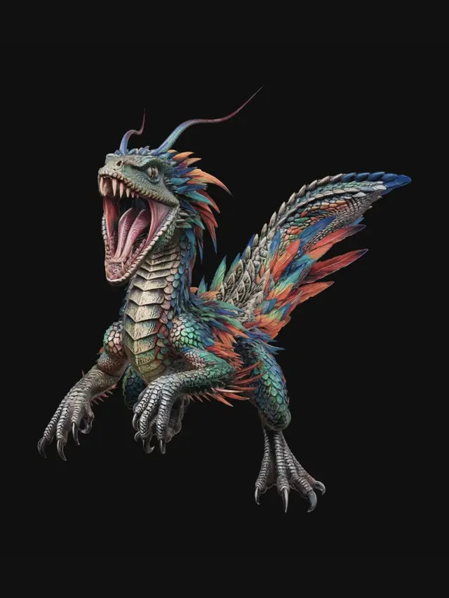 3D model for A ultra-detailed  above view of a vivid snake like feathered colorful reptile attacking . It is running mouth open .  He is turning/spring on the right side arms ready to strike. Insist on a detailed dynamic snake pose with photorealistic rendering with realistic textures:, fine spines on the raptorial forelegs;  head with reflective keen cat eyes; slender antennae. . Natural daylight lighting, side-lit to create gentle shadows and a subtle rim light along the edges. Its scales are detailed, showcasing a rough, reptilian texture, and its head is raised, its mouth open, the creature stands out. Style: high-detail digital painting with photorealistic textures, epic fantasy mood. All in 4 k resolution,, cinematic composition .  Include  anatomical proportions, dynamic turning side movement.