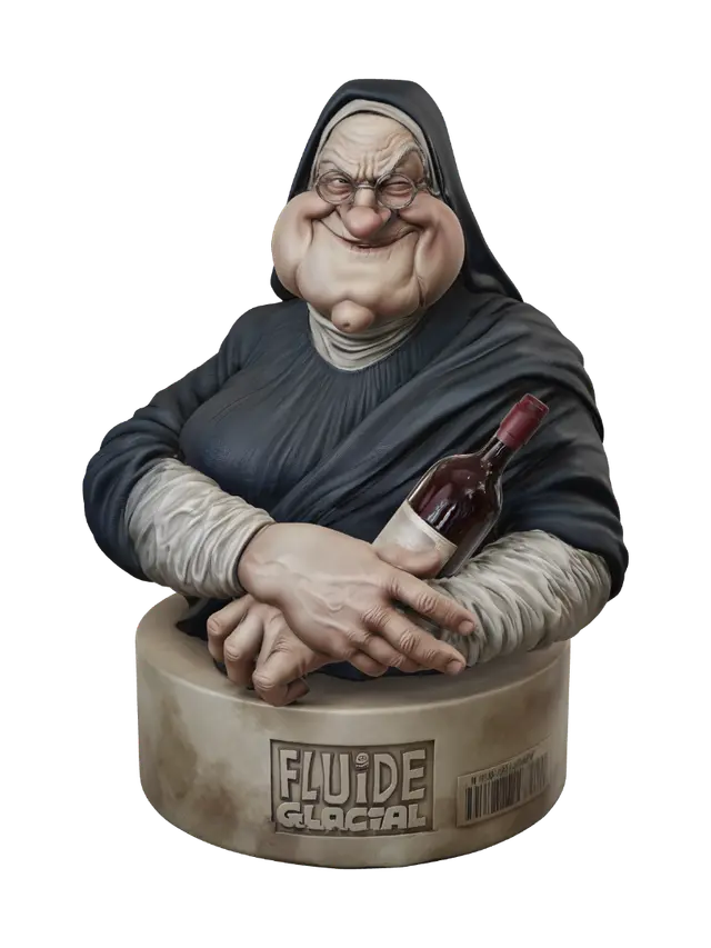 3D model for A 80'S color satirical comic book cover illustration featuring a caricatured elderly nun with exaggerated features, chubby cheeks, and round wire-rimmed glasses, wearing a dark blue religious habit and veil. She is holding a bottle of red wine in her arms with a mischievous expression. The artistic style is a detailed, painterly comic caricature with visible brushwork, reminiscent of air brush work made by Renato Casaro. In the top left corner, there is a bold, stylized red and white logo that reads "FLUIDE GLACIAL". The background is a muted, sepia-toned wash. The overall aesthetic is humorous, vintage-inspired editorial illustration, high quality, expressive character design, detailed shading and texture.
