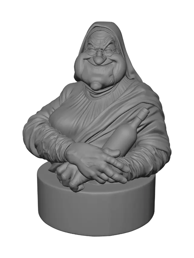 3D model for A 80'S color satirical comic book cover illustration featuring a caricatured elderly nun with exaggerated features, chubby cheeks, and round wire-rimmed glasses, wearing a dark blue religious habit and veil. She is holding a bottle of red wine in her arms with a mischievous expression. The artistic style is a detailed, painterly comic caricature with visible brushwork, reminiscent of air brush work made by Renato Casaro. In the top left corner, there is a bold, stylized red and white logo that reads "FLUIDE GLACIAL". The background is a muted, sepia-toned wash. The overall aesthetic is humorous, vintage-inspired editorial illustration, high quality, expressive character design, detailed shading and texture.