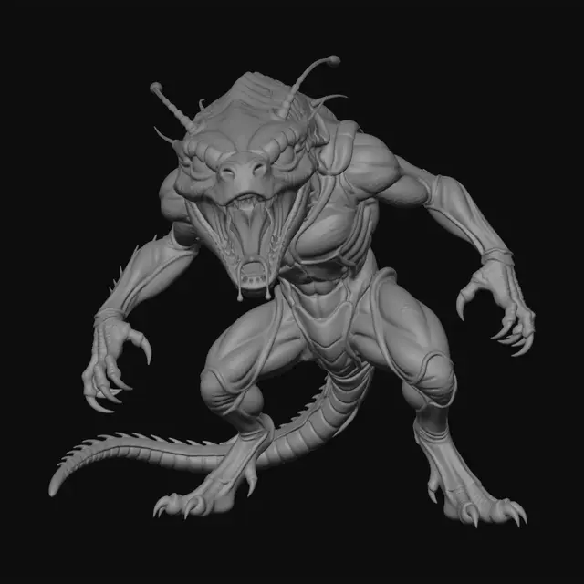 3D model for Full view of a Perry Rhodan bio spaceship , glossy wet specular highlights on scales, visible tongue and saliva strands, intense amber-glowing eyes, flared nostrils. Hyper-realistic yet subtle photographic ultra‑detailed textures rendering with realistic textures: glossy, segmented exoskeleton; fine spines on the forelegs; head with reflective, keen eyes; slender antennae and a forked tong .and 4 legs, Natural daylight studio lighting with a very dynamic defending pose, heads leaning on side focus on the hull details, the exquisite definition of colors  red and black, all in photographic 4k resolution, the creature is muscular and streamlined with long, leathery, extended, dark green scales with subtle glossy wet iridescent blue-green-yellow highlights, all in a dynamic defending pose