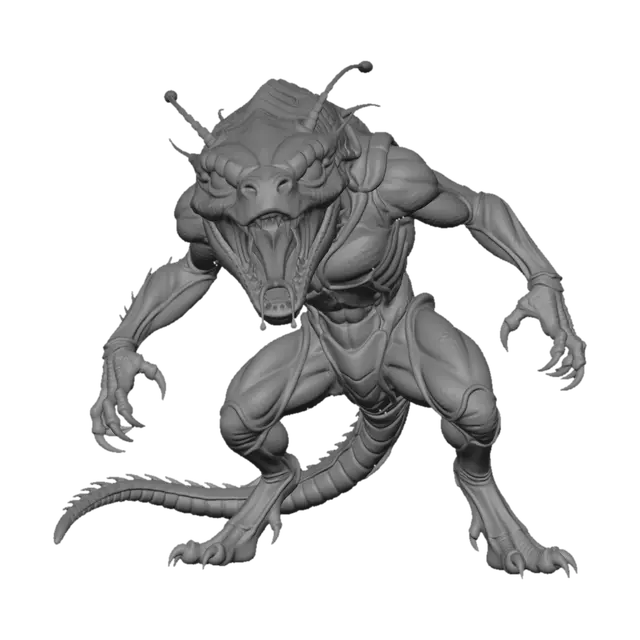 3D model for Full view of a Perry Rhodan bio spaceship , glossy wet specular highlights on scales, visible tongue and saliva strands, intense amber-glowing eyes, flared nostrils. Hyper-realistic yet subtle photographic ultra‑detailed textures rendering with realistic textures: glossy, segmented exoskeleton; fine spines on the forelegs; head with reflective, keen eyes; slender antennae and a forked tong .and 4 legs, Natural daylight studio lighting with a very dynamic defending pose, heads leaning on side focus on the hull details, the exquisite definition of colors  red and black, all in photographic 4k resolution, the creature is muscular and streamlined with long, leathery, extended, dark green scales with subtle glossy wet iridescent blue-green-yellow highlights, all in a dynamic defending pose