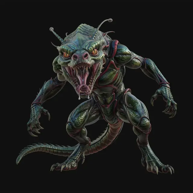 3D model for Full view of a Perry Rhodan bio spaceship , glossy wet specular highlights on scales, visible tongue and saliva strands, intense amber-glowing eyes, flared nostrils. Hyper-realistic yet subtle photographic ultra‑detailed textures rendering with realistic textures: glossy, segmented exoskeleton; fine spines on the forelegs; head with reflective, keen eyes; slender antennae and a forked tong .and 4 legs, Natural daylight studio lighting with a very dynamic defending pose, heads leaning on side focus on the hull details, the exquisite definition of colors  red and black, all in photographic 4k resolution, the creature is muscular and streamlined with long, leathery, extended, dark green scales with subtle glossy wet iridescent blue-green-yellow highlights, all in a dynamic defending pose