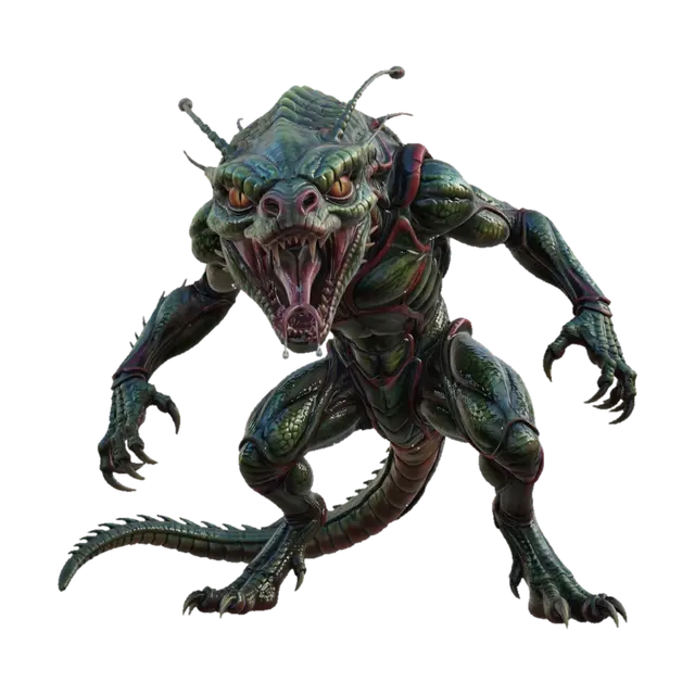 3D model for Full view of a Perry Rhodan bio spaceship , glossy wet specular highlights on scales, visible tongue and saliva strands, intense amber-glowing eyes, flared nostrils. Hyper-realistic yet subtle photographic ultra‑detailed textures rendering with realistic textures: glossy, segmented exoskeleton; fine spines on the forelegs; head with reflective, keen eyes; slender antennae and a forked tong .and 4 legs, Natural daylight studio lighting with a very dynamic defending pose, heads leaning on side focus on the hull details, the exquisite definition of colors  red and black, all in photographic 4k resolution, the creature is muscular and streamlined with long, leathery, extended, dark green scales with subtle glossy wet iridescent blue-green-yellow highlights, all in a dynamic defending pose