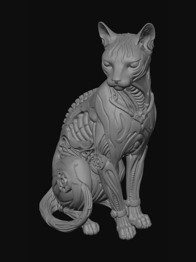 3D model for einer Katze die sitz im Style von H.R Giger, mit seinen unverkennbaren Elementen