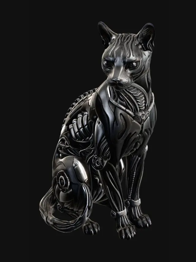 3D model for einer Katze die sitz im Style von H.R Giger, mit seinen unverkennbaren Elementen