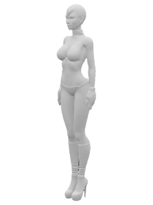 3D model for Turtleneck style bikini, yellow and blue line , female, Elegant, small breasts, fit and athletic body, short hai, Have nothing, Up to the elbow Lace Gloves, Platform high heel, Up to the knee yellow and blue line long leg warmers, natural body, Highly Detailed, Full Body, looking as Lena Headey