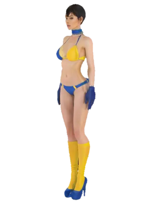 3D model for Turtleneck style bikini, yellow and blue line , female, Elegant, small breasts, fit and athletic body, short hai, Have nothing, Up to the elbow Lace Gloves, Platform high heel, Up to the knee yellow and blue line long leg warmers, natural body, Highly Detailed, Full Body, looking as Lena Headey