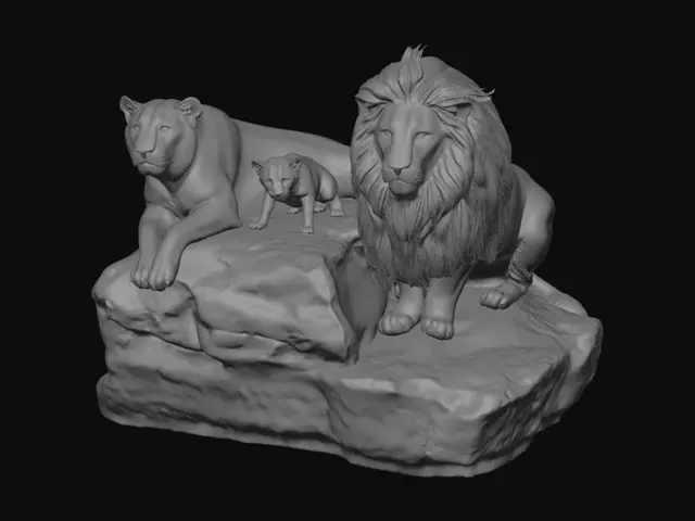 3D model for Leone a destra, leonessa a sinistra, piccolo leoncino in mezzo su una pietra con davanti la scritta Enea