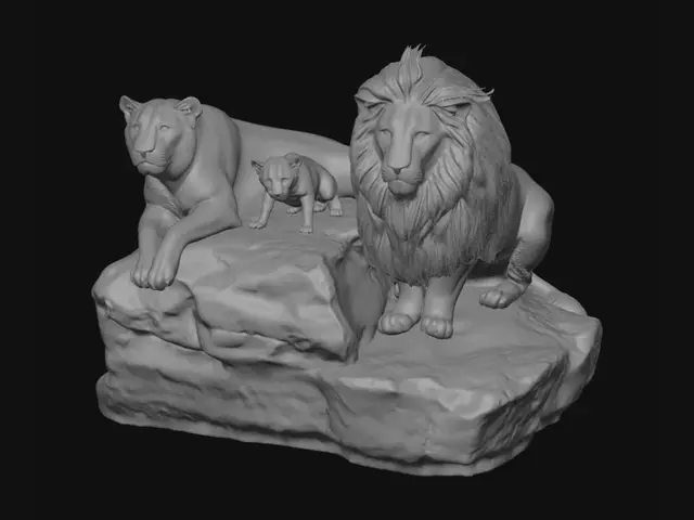 3D model for Leone a destra, leonessa a sinistra, piccolo leoncino in mezzo su una pietra con davanti la scritta Enea