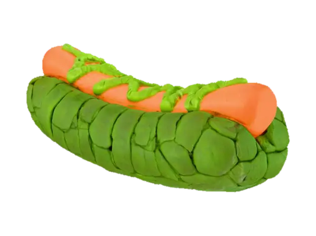 3D model for A monstrous hot dog featuring a dark, charred green bun with a rugged, scaly texture, resembling Godzilla's skin. A thick, dark-colored sausage is nestled within, covered in a vibrant green relish that mimics jagged monster spines and glowing orange-red chili or cheese sauce, suggesting atomic energy. The bun itself might have cracks or irregular tears, giving it a powerful, destructive aesthetic. The overall form is substantial and robust, offering a firm, somewhat rough tactile quality., #food#