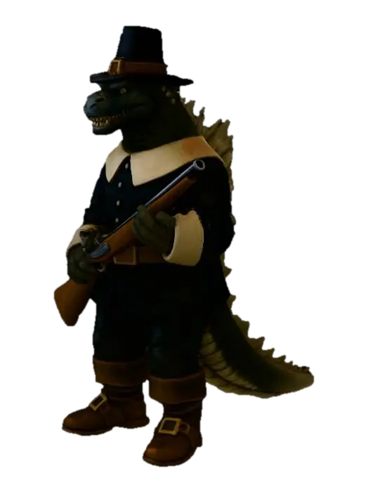 GodPilgrimZilla , #Thanksgiving# - Pilgrim 3D model, vytvořený pomocí AI