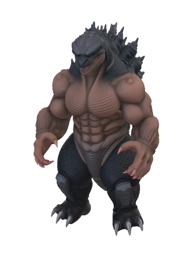 3D model for Make a super bodybuilder godzilla flexing muscles realistic style