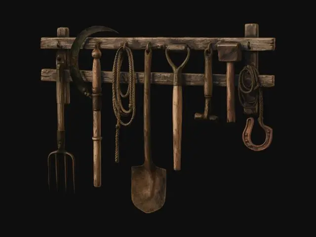 3D model for Rusty Tools on a Wooden Rack