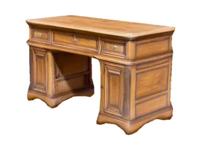 An aged oak writing desk with drawers on both the left and right sides. 3D model, vytvořený pomocí AI