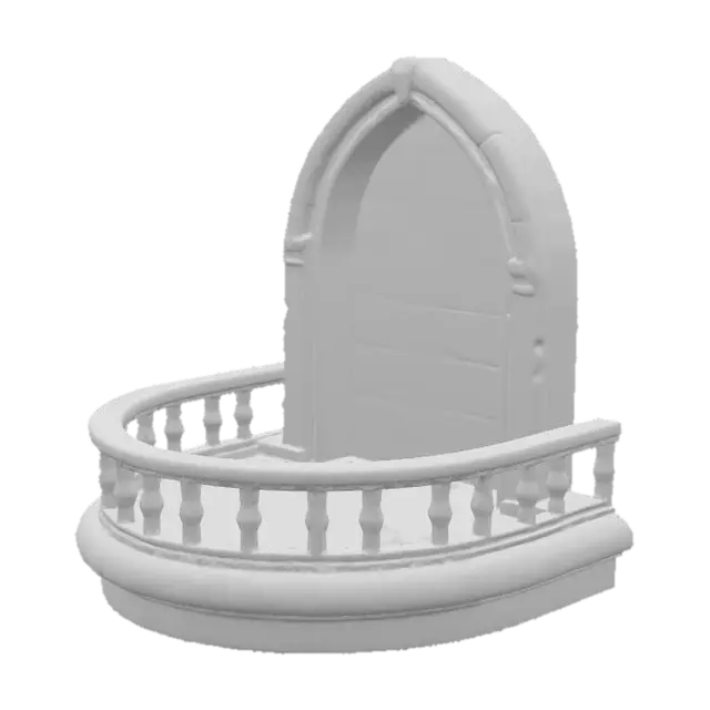 3D model for a wide, round and round bottomed limestone balcony with railing attached to a large round cut limestone castle tower wall.  in the style of 13th century french castle architecture.  
