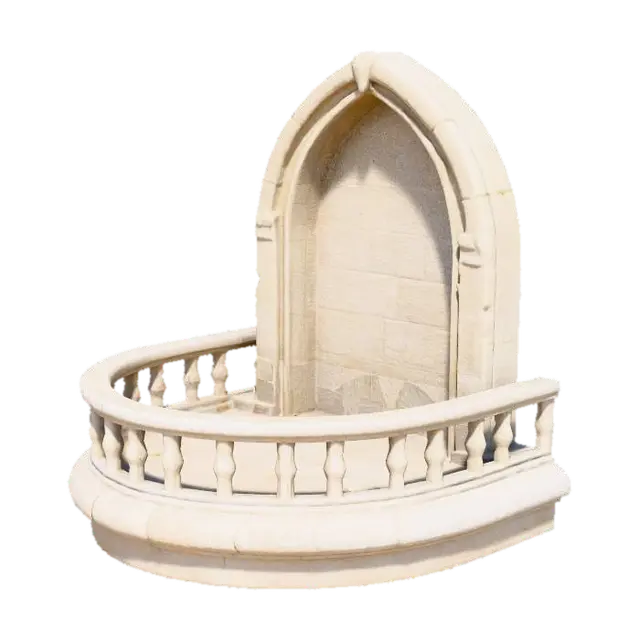 3D model for a wide, round and round bottomed limestone balcony with railing attached to a large round cut limestone castle tower wall.  in the style of 13th century french castle architecture.  
