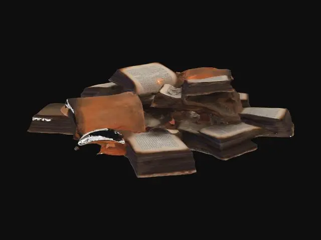 3D model for A scattered pile of charred and burned books, some lying open with their pages blackened and brittle. The covers are singed and warped, revealing glimpses of once-vibrant titles now obscured by soot. A few individual pages flutter precariously, their edges curled and scorched, hinting at forgotten knowledge turned to ash.