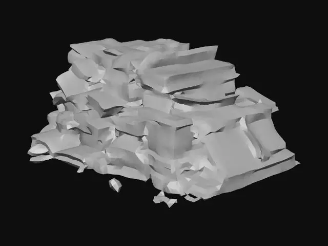 3D model for A scattered pile of charred and burned books, some lying open with their pages blackened and brittle. The covers are singed and warped, revealing glimpses of once-vibrant titles now obscured by soot. A few individual pages flutter precariously, their edges curled and scorched, hinting at forgotten knowledge turned to ash.