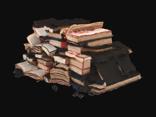 3D model for A scattered pile of charred and burned books, some lying open with their pages blackened and brittle. The covers are singed and warped, revealing glimpses of once-vibrant titles now obscured by soot. A few individual pages flutter precariously, their edges curled and scorched, hinting at forgotten knowledge turned to ash.