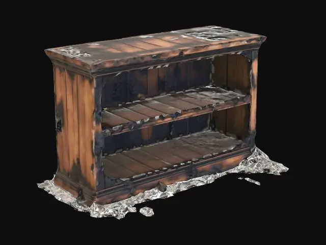 3D model for a Burned and broken wooden bookcase lies on its side, deeply charred and blackened from a fire. Very low res. It is rendered with clean, angular geometry.