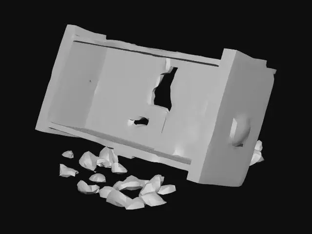 3D model for a Burned and broken wooden bookcase lies on its side, deeply charred and blackened from a fire. Very low res. It is rendered with clean, angular geometry.
