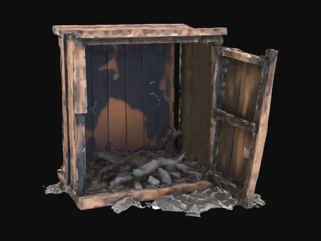 3D model for a Burned and broken wooden closet lies on its side, deeply charred and blackened from a fire. Very low res. It is rendered with clean, angular geometry.