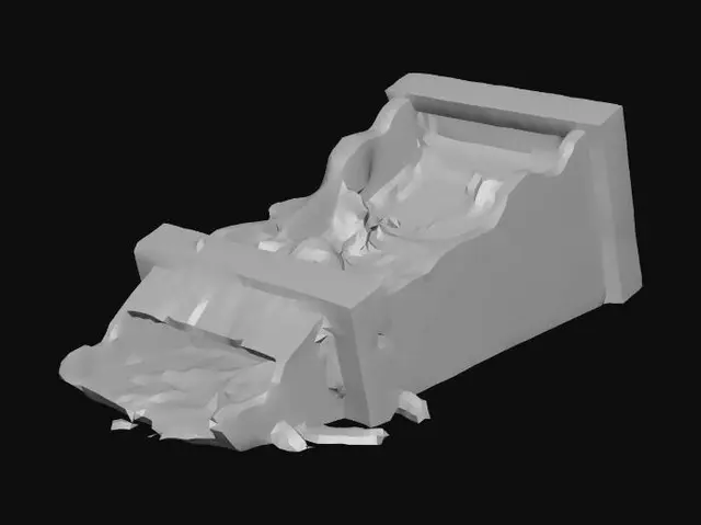 3D model for a Burned and broken wooden closet lies on its side, deeply charred and blackened from a fire. Very low res. It is rendered with clean, angular geometry.