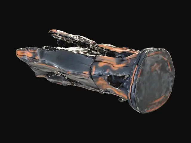 3D model for a Burned and broken wooden closet lies on its side, deeply charred and blackened from a fire. Very low res. It is rendered with clean, angular geometry.