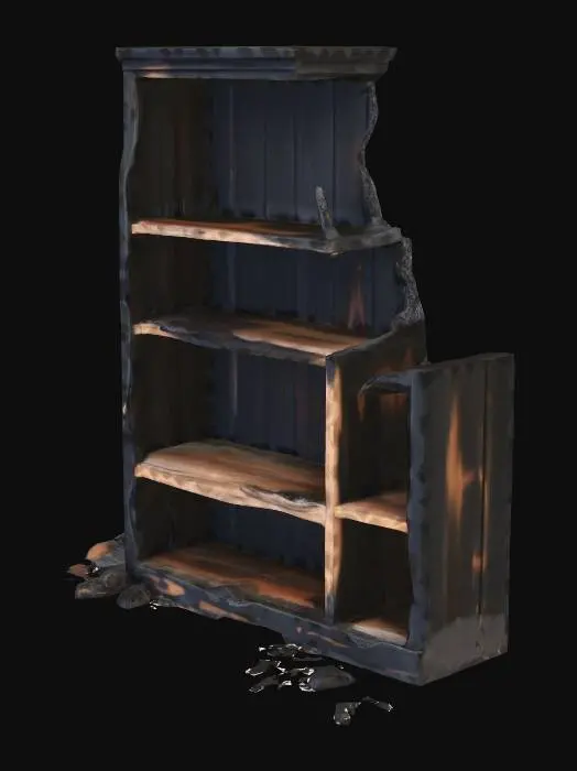 3D model for a Burned and broken wooden bookcase lies on its side, deeply charred and blackened from a fire. Very low res. It is rendered with clean, angular geometry.