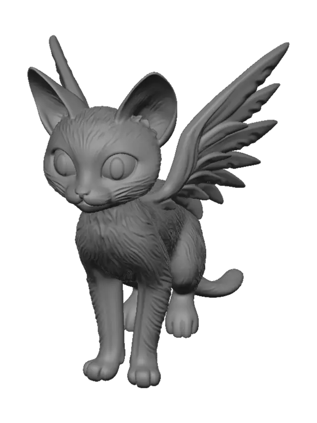 3D model for Small black winged cat, white feathered wings, golden eyes, fantasy familiar, tabletop miniature, detailed sculpt.