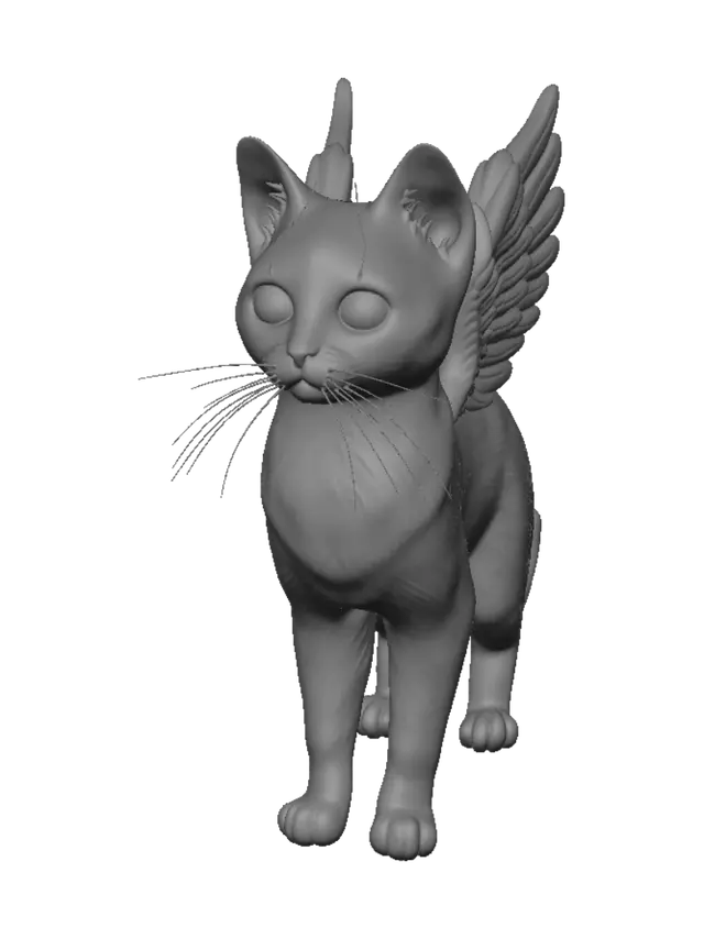 3D model for Small domestic black cat with realistic cat proportions, short muzzle, triangular cat ears, long fluffy tail, large white feathered angel wings attached to the back, folded wings, glowing golden eyes, elegant fantasy familiar, tabletop miniature, highly detailed sculpt, resin miniature, sitting pose.