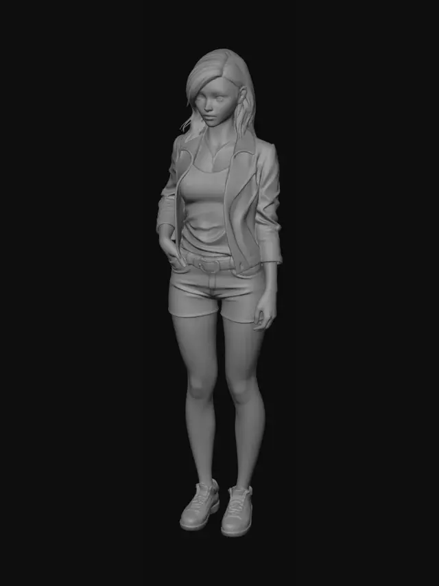 3D model for This 3D character model represents a woman with an athletic physique and naturally tanned skin. Her attire includes a classic black leather jacket with detailed stitching and a soft, aged texture, draped over a solid black tank top. The light-wash denim shorts are designed with precise, sewn hems, showcasing subtle wear and tear around the thighs, and are secured by a robust brown leather belt with a metal buckle. She also has light brown hair with blond highlights.