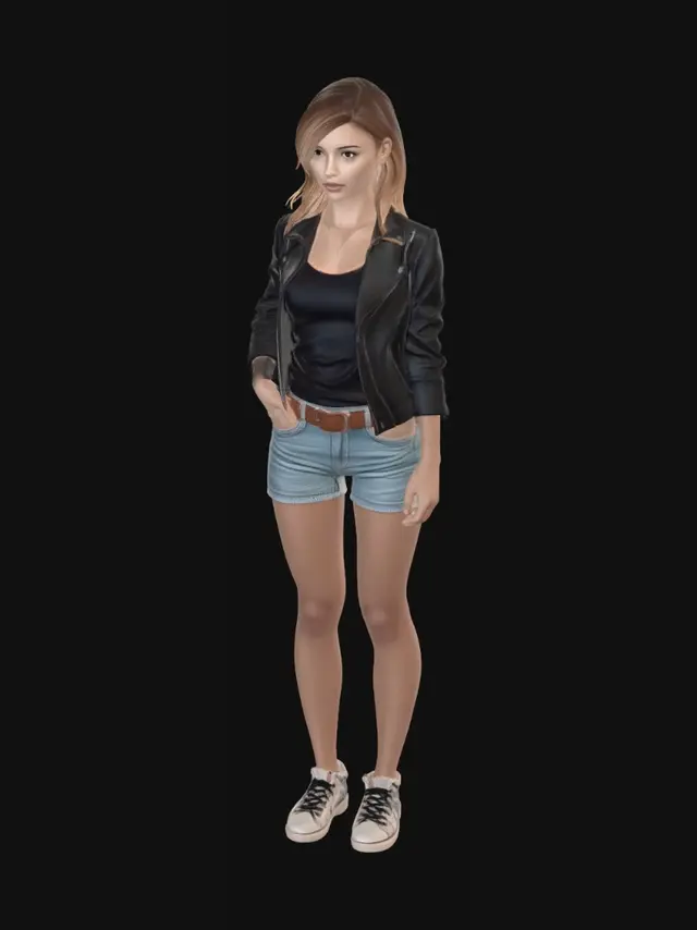 3D model for This 3D character model represents a woman with an athletic physique and naturally tanned skin. Her attire includes a classic black leather jacket with detailed stitching and a soft, aged texture, draped over a solid black tank top. The light-wash denim shorts are designed with precise, sewn hems, showcasing subtle wear and tear around the thighs, and are secured by a robust brown leather belt with a metal buckle. She also has light brown hair with blond highlights.