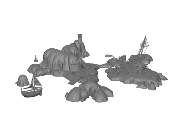 3D model for create terrain for tabletop game victory at sea by warlord games. make the islands and other features longer so they take up wice as much space. provide 8 items