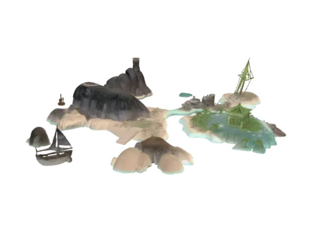 3D model for create terrain for tabletop game victory at sea by warlord games. make the islands and other features longer so they take up wice as much space. provide 8 items