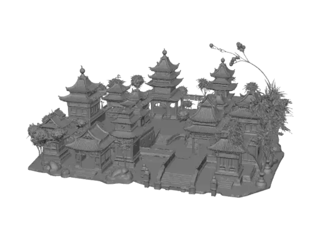 3D model for create 15 individual bits of terrain for the table top game Marvel Crisis Protocol in the theme of Shang Chi village at the end of the film. so chinese themed buildings and other chinese themed scatter terrain