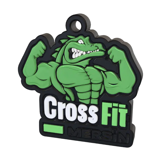 Convert this entire logo (mascot crocodile character plus "CrossFit MERSIN" text… - Keychain 3D model, vytvořený pomocí AI