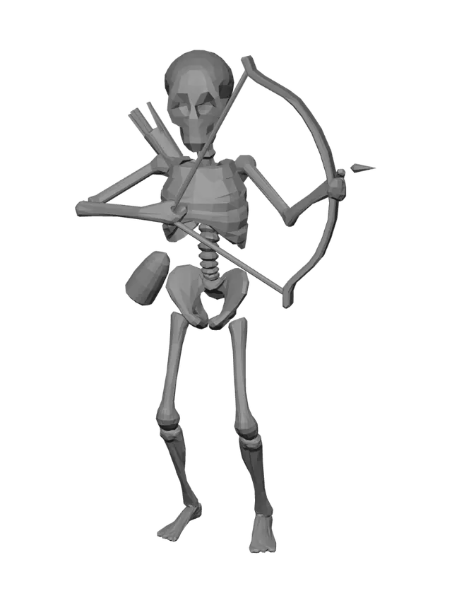 3D model for Low-poly stylized skeleton archer game character, cartoon fantasy style, standing in a neutral A-pose. Bone-white skeleton body holding a simple wooden shortbow in one hand, a small quiver of arrows on the back. Flat solid colors, minimal texture detail, clean simple shapes, soft rounded low-poly geometry. Matches a cute Halloween graveyard tower-defense art style. Single character, full body, front facing, game-ready asset, neutral lighting, plain background.