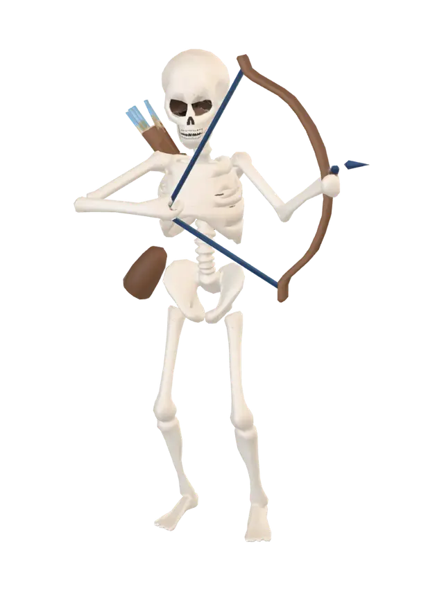 3D model for Low-poly stylized skeleton archer game character, cartoon fantasy style, standing in a neutral A-pose. Bone-white skeleton body holding a simple wooden shortbow in one hand, a small quiver of arrows on the back. Flat solid colors, minimal texture detail, clean simple shapes, soft rounded low-poly geometry. Matches a cute Halloween graveyard tower-defense art style. Single character, full body, front facing, game-ready asset, neutral lighting, plain background.