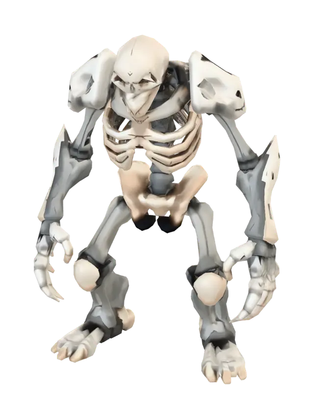 3D model for Low-poly stylized bone golem monster game character, cartoon fantasy style, standing upright in a relaxed neutral A-pose. A large bulky humanoid made of many fused bones and skulls, broad shoulders, thick heavy arms, small head, massive tank build. Bone-white and grey colors, flat solid colors, chunky simple rounded shapes, minimal detail. Halloween graveyard tower-defense art style. Single full-body character, front facing, symmetrical, game-ready, plain background.