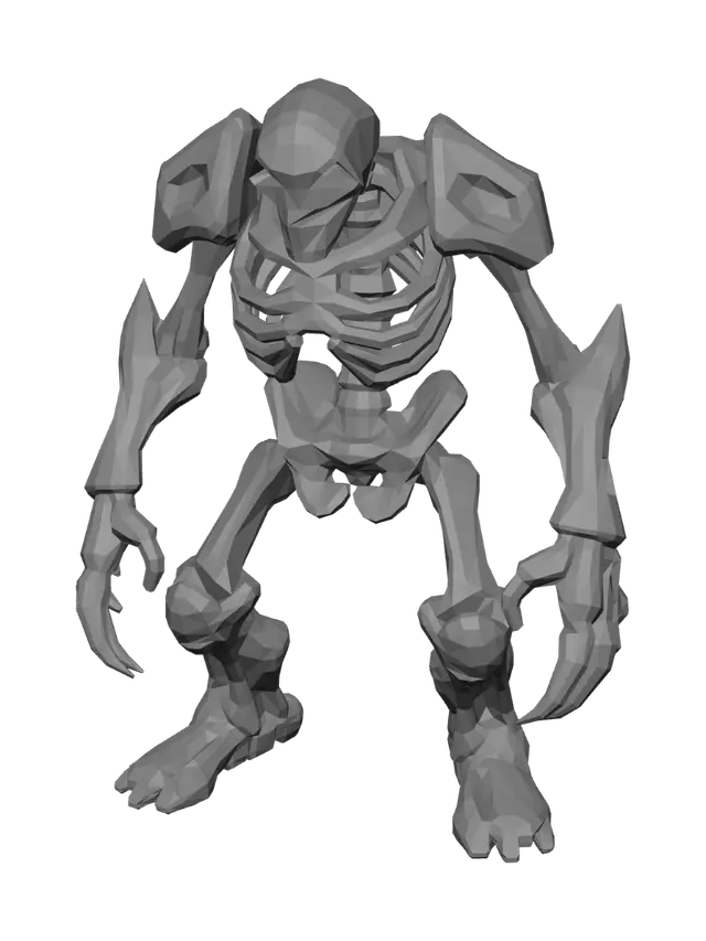 3D model for Low-poly stylized bone golem monster game character, cartoon fantasy style, standing upright in a relaxed neutral A-pose. A large bulky humanoid made of many fused bones and skulls, broad shoulders, thick heavy arms, small head, massive tank build. Bone-white and grey colors, flat solid colors, chunky simple rounded shapes, minimal detail. Halloween graveyard tower-defense art style. Single full-body character, front facing, symmetrical, game-ready, plain background.