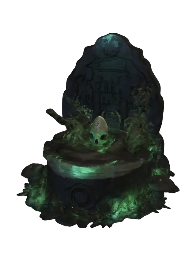 3D model for "A mystical summoning altar in an ancient dinosaur forest. A cracked stone slab, covered in glowing green runes and creeping vines, holds fossilized dinosaur bones. A towering T-Rex skull looms nearby, its eyes faintly glowing. Bioluminescent mushrooms cast an eerie light, while a levitating fossilized egg pulses with energy at the center. The ground trembles slightly, as if ancient beasts still watch over this sacred place.
