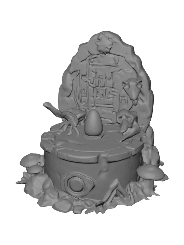 3D model for "A mystical summoning altar in an ancient dinosaur forest. A cracked stone slab, covered in glowing green runes and creeping vines, holds fossilized dinosaur bones. A towering T-Rex skull looms nearby, its eyes faintly glowing. Bioluminescent mushrooms cast an eerie light, while a levitating fossilized egg pulses with energy at the center. The ground trembles slightly, as if ancient beasts still watch over this sacred place.
